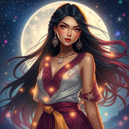 A stylish and captivating representation of a character inspired by the name 'Luna Maya', featuring a mystical young woman with flowing dark hair and radiant complexion, dressed in an enchanting outfit blending traditional and contemporary styles