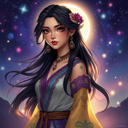 A stylish and captivating representation of a character inspired by the name 'Luna Maya', featuring a mystical young woman with flowing dark hair and radiant complexion, dressed in an enchanting outfit blending traditional and contemporary styles