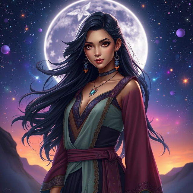 A stylish and captivating representation of a character inspired by the name 'Luna Maya', featuring a mystical young woman with flowing dark hair and radiant complexion, dressed in an enchanting outfit blending traditional and contemporary styles