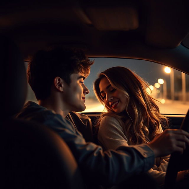 A romantic scene inside a car at night, with a young couple sharing a tender moment