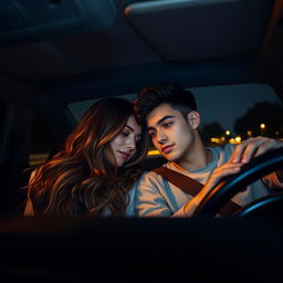 A romantic scene inside a car at night, with a young couple sharing a tender moment