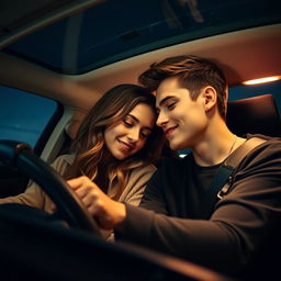 A romantic scene inside a car at night, with a young couple sharing a tender moment