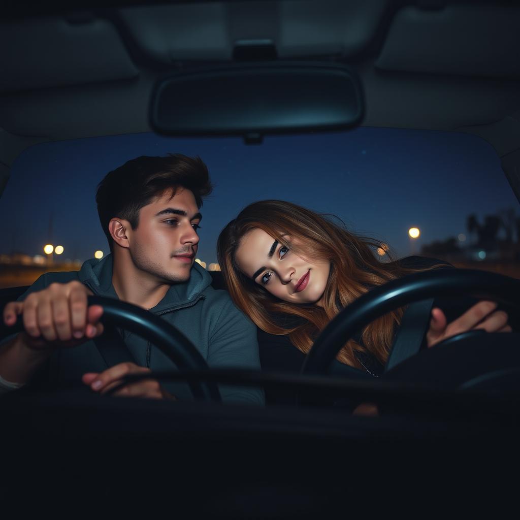 A romantic scene inside a car at night, with a young couple sharing a tender moment
