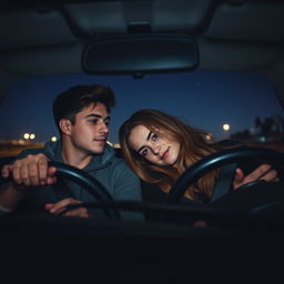 A romantic scene inside a car at night, with a young couple sharing a tender moment