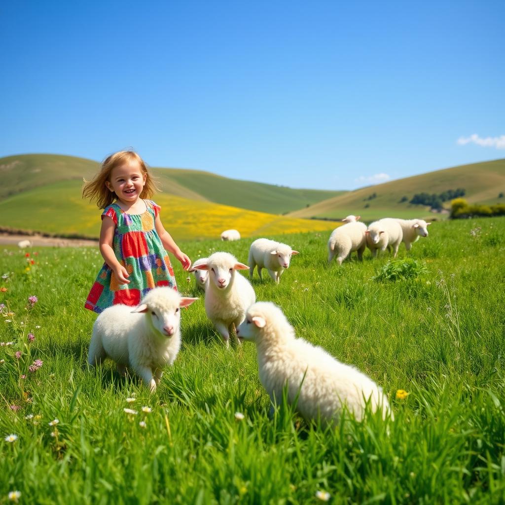 A serene scene depicting a young girl joyfully playing in a lush green field surrounded by fluffy white sheep grazing peacefully