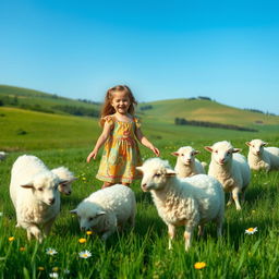 A serene scene depicting a young girl joyfully playing in a lush green field surrounded by fluffy white sheep grazing peacefully