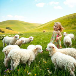 A serene scene depicting a young girl joyfully playing in a lush green field surrounded by fluffy white sheep grazing peacefully