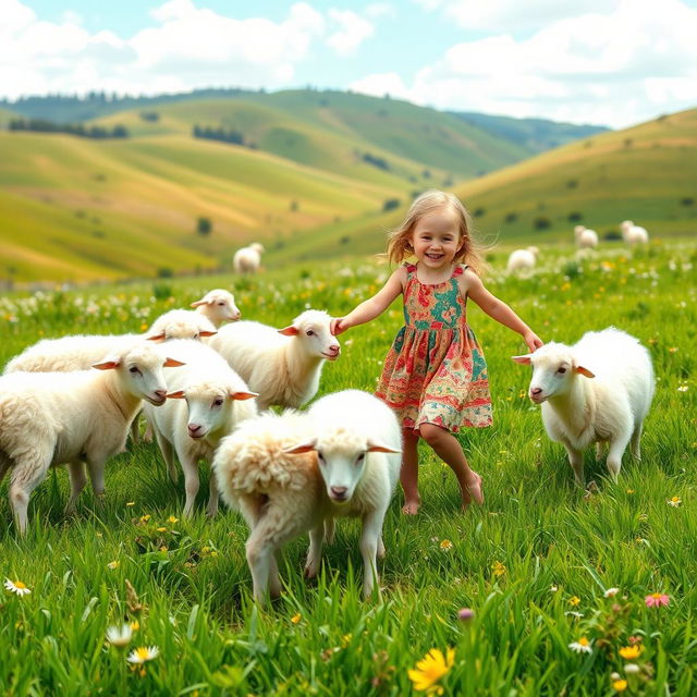 A serene scene depicting a young girl joyfully playing in a lush green field surrounded by fluffy white sheep grazing peacefully