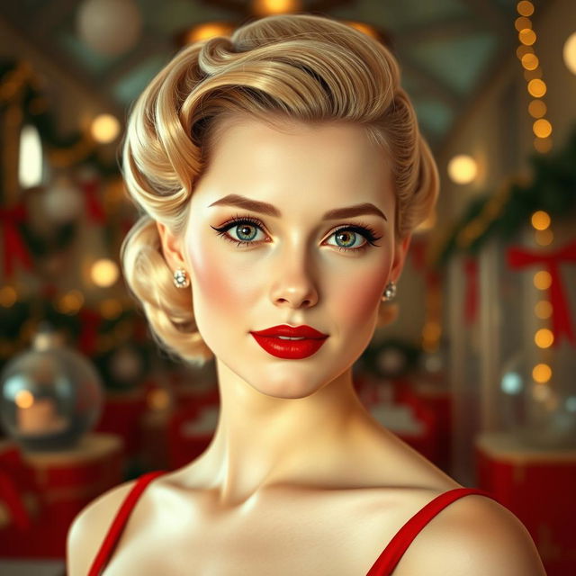 A young woman from the 1950s, elegant and sweet, set in a Christmas-themed environment with a retro-futuristic design inspired by the 1950s