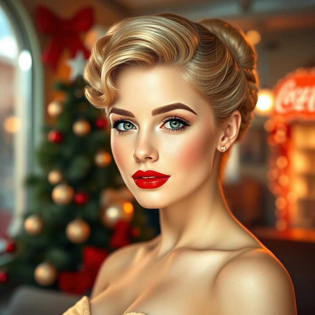 A young woman from the 1950s, elegant and sweet, set in a Christmas-themed environment with a retro-futuristic design inspired by the 1950s