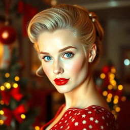 A young woman from the 1950s, elegant and sweet, set in a Christmas-themed environment with a retro-futuristic design inspired by the 1950s