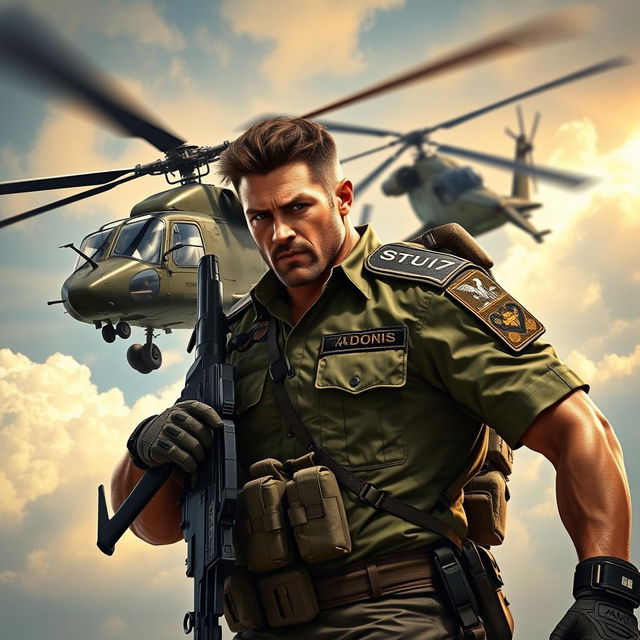 A heroic warrior depicted in a powerful stance, carrying a machine gun while an Apache helicopter flies closely next to him, symbolizing strength and support