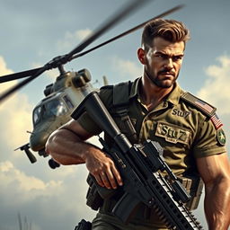 A heroic warrior depicted in a powerful stance, carrying a machine gun while an Apache helicopter flies closely next to him, symbolizing strength and support