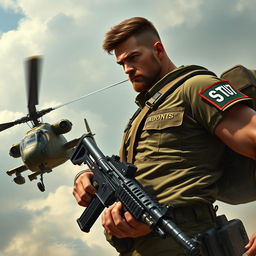 A heroic warrior depicted in a powerful stance, carrying a machine gun while an Apache helicopter flies closely next to him, symbolizing strength and support