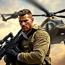 A heroic warrior depicted in a powerful stance, carrying a machine gun while an Apache helicopter flies closely next to him, symbolizing strength and support