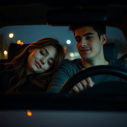 A sweet and intimate scene inside a car where a young couple is sitting