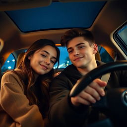 A sweet and intimate scene inside a car where a young couple is sitting