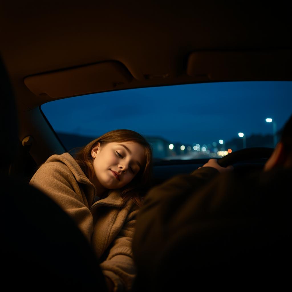 A sweet and intimate scene inside a car where a young couple is sitting