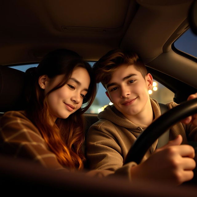 A sweet and intimate scene inside a car where a young couple is sitting