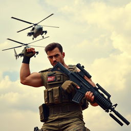 A heroic warrior striking a powerful pose, proudly carrying a machine gun while an Apache helicopter flies alongside him, conveying a sense of strength and determination