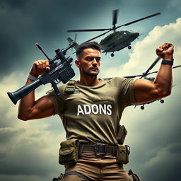 A heroic warrior striking a powerful pose, proudly carrying a machine gun while an Apache helicopter flies alongside him, conveying a sense of strength and determination