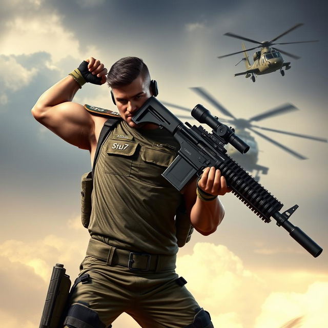 A heroic warrior striking a powerful pose, proudly carrying a machine gun while an Apache helicopter flies alongside him, conveying a sense of strength and determination