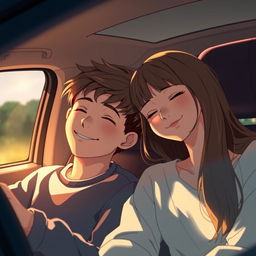 A boy and girl sitting in a cozy car, the girl gently resting her head on the boy's shoulder as they both enjoy the soothing sound of the radio