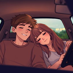 A boy and girl sitting in a cozy car, the girl gently resting her head on the boy's shoulder as they both enjoy the soothing sound of the radio
