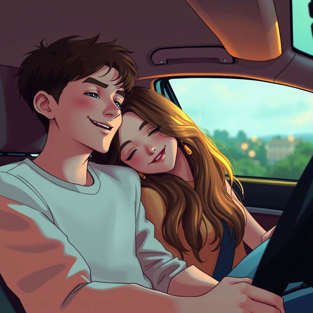 A boy and girl sitting in a cozy car, the girl gently resting her head on the boy's shoulder as they both enjoy the soothing sound of the radio