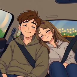 A boy and girl sitting in a cozy car, the girl gently resting her head on the boy's shoulder as they both enjoy the soothing sound of the radio