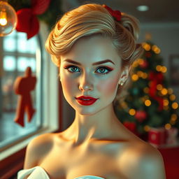 A young woman from the 1950s, elegant and sweet, set in a Christmas-themed environment with a retro-futuristic design inspired by the 1950s