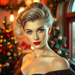 A young woman from the 1950s, elegant and sweet, set in a Christmas-themed environment with a retro-futuristic design inspired by the 1950s