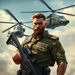 A heroic warrior depicted in an assertive pose, confidently carrying a machine gun with an Apache helicopter flying closely beside him, symbolizing strength and readiness