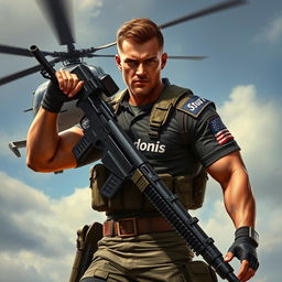 A heroic warrior depicted in an assertive pose, confidently carrying a machine gun with an Apache helicopter flying closely beside him, symbolizing strength and readiness