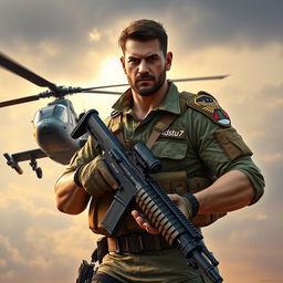 A heroic warrior depicted in an assertive pose, confidently carrying a machine gun with an Apache helicopter flying closely beside him, symbolizing strength and readiness