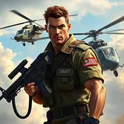 A heroic warrior depicted in an assertive pose, confidently carrying a machine gun with an Apache helicopter flying closely beside him, symbolizing strength and readiness