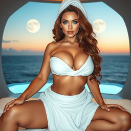 A full-body image of an alluring 50-year-old woman with Arab features, highlighted by her long wavy brown hair and enchanting cyan eyes