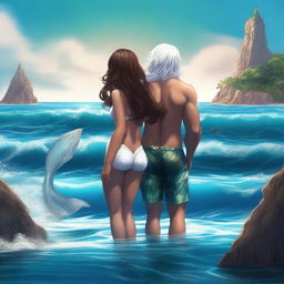 A high-quality digital art image featuring a human girl with brown hair and a merman with white hair and tail, standing back to back in the ocean