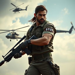 A warrior depicted in a striking pose, carrying a machine gun with an Apache helicopter flying alongside him, symbolizing a strong tactical presence