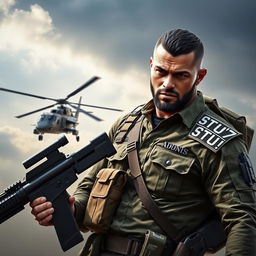 A warrior depicted in a striking pose, carrying a machine gun with an Apache helicopter flying alongside him, symbolizing a strong tactical presence
