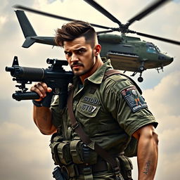 A warrior depicted in a striking pose, carrying a machine gun with an Apache helicopter flying alongside him, symbolizing a strong tactical presence