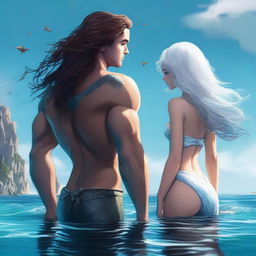 A high-quality digital art image featuring a human girl with brown hair and a merman with white hair and tail, standing back to back in the ocean