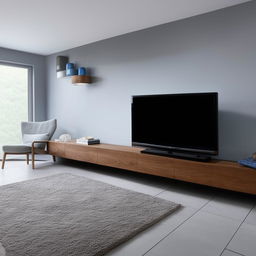 A comfortable living room with greyish floor tiles, a bluish sofa, and a contemporary television unit.