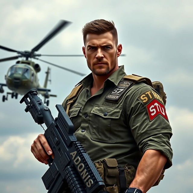 A warrior depicted in a striking pose, carrying a machine gun with an Apache helicopter flying alongside him, symbolizing a strong tactical presence