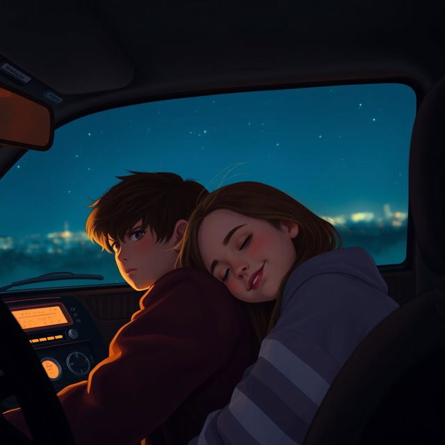 A cozy nighttime scene inside a car with a boy and girl