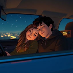 A cozy nighttime scene inside a car with a boy and girl