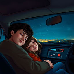 A cozy nighttime scene inside a car with a boy and girl