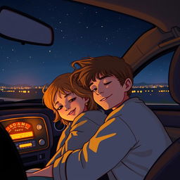 A cozy nighttime scene inside a car with a boy and girl