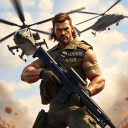 A powerful warrior depicted in an action pose, carrying a machine gun with an Apache helicopter flying close beside him, creating a dynamic military scene
