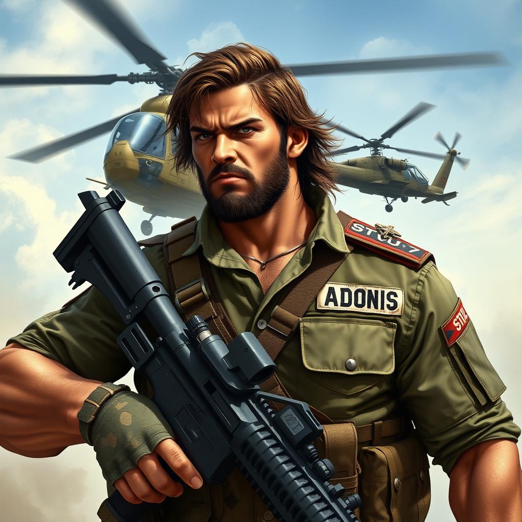 A powerful warrior depicted in an action pose, carrying a machine gun with an Apache helicopter flying close beside him, creating a dynamic military scene